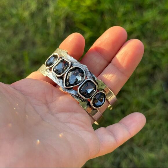 STATEMENT SILVER CUFF BRACELET LARGE FACETED SMOKY CRYSTALS –WOMEN’S BOLD DESIGN - Picture 7 of 17